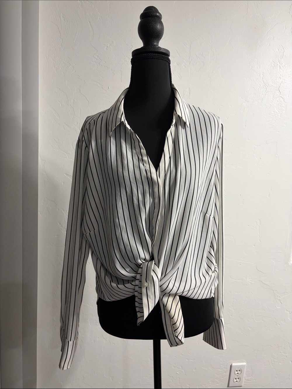 Worthington White and Black Vertical Stripe Tie-Front Button Down